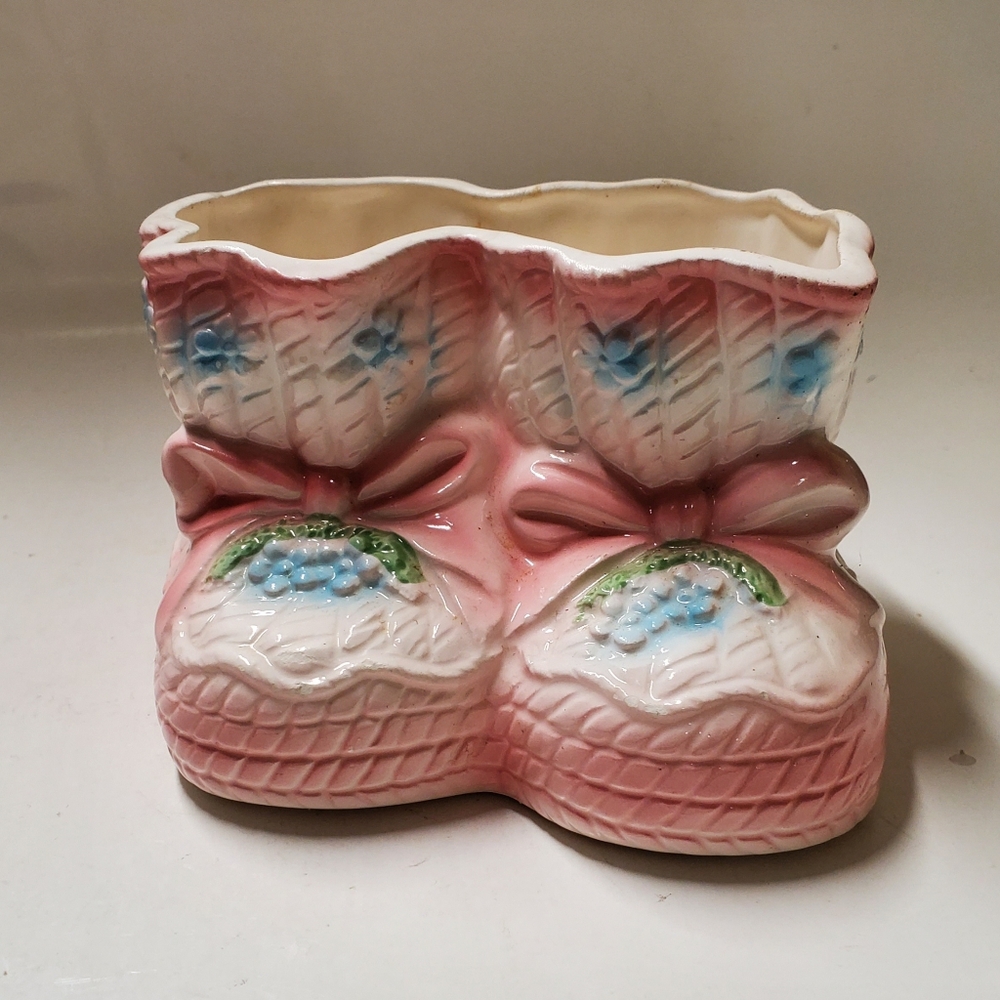 Vintage RELPO Japan Pink Baby Booties Planter Vase 1987 Christening Gift MCM